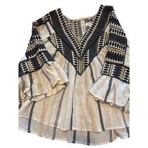THML Womens Boho Embroidered Bell Sleeve Blouse Cream Black Gold Anthropology